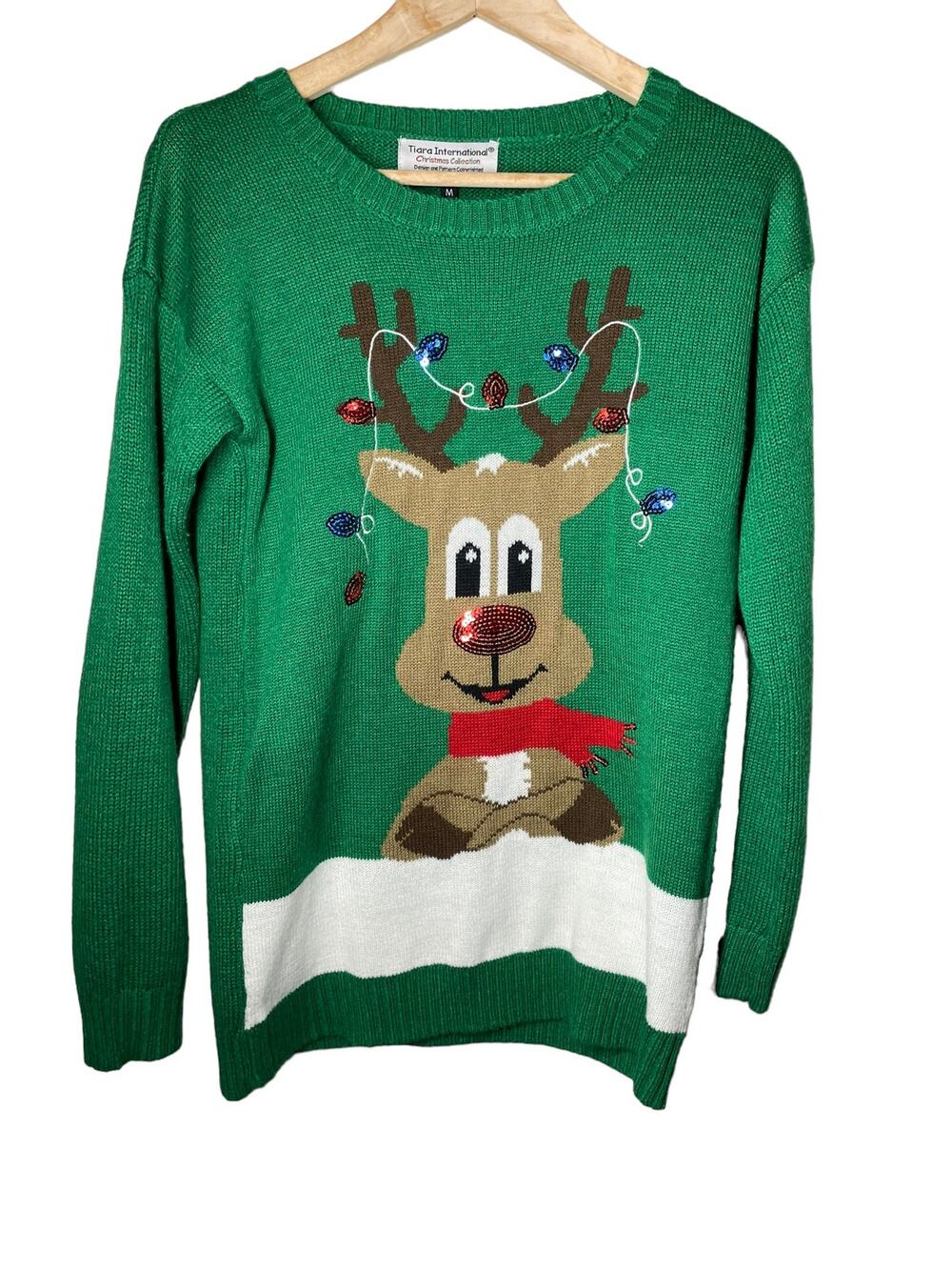 Ugly Christmas Sweater Green Medium Tiara International Reindeer Sequins